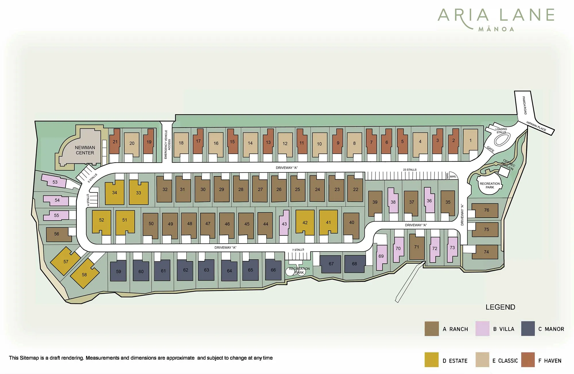 Aria Lane Mānoa site plan showing all 76 homesites, driveways, gated entry, and recreation park